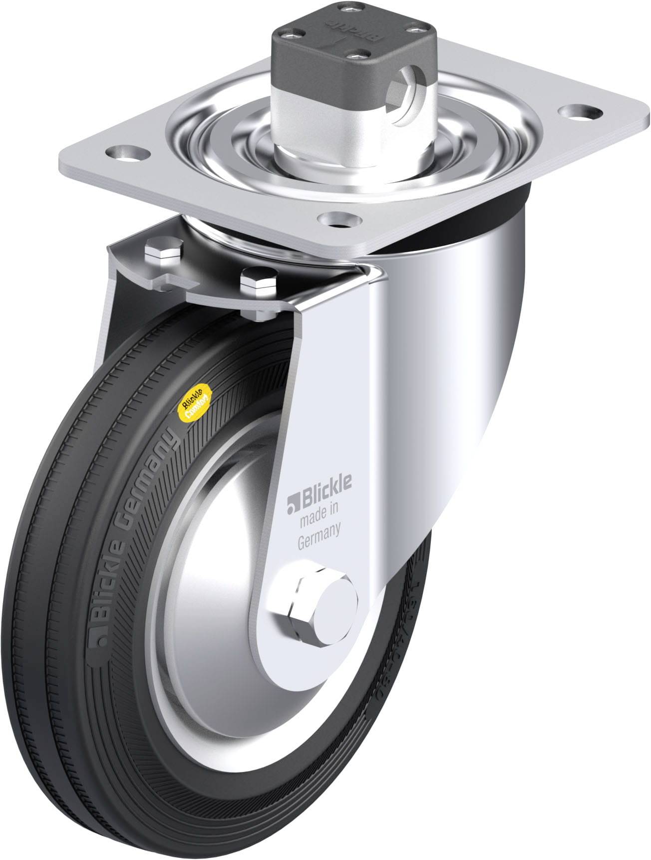 Schwenkrolle aus Metall mit schwarzem Reifen, Etikett 'Blickle made in Germany', montiert auf rechteckiger Befestigungsplatte.