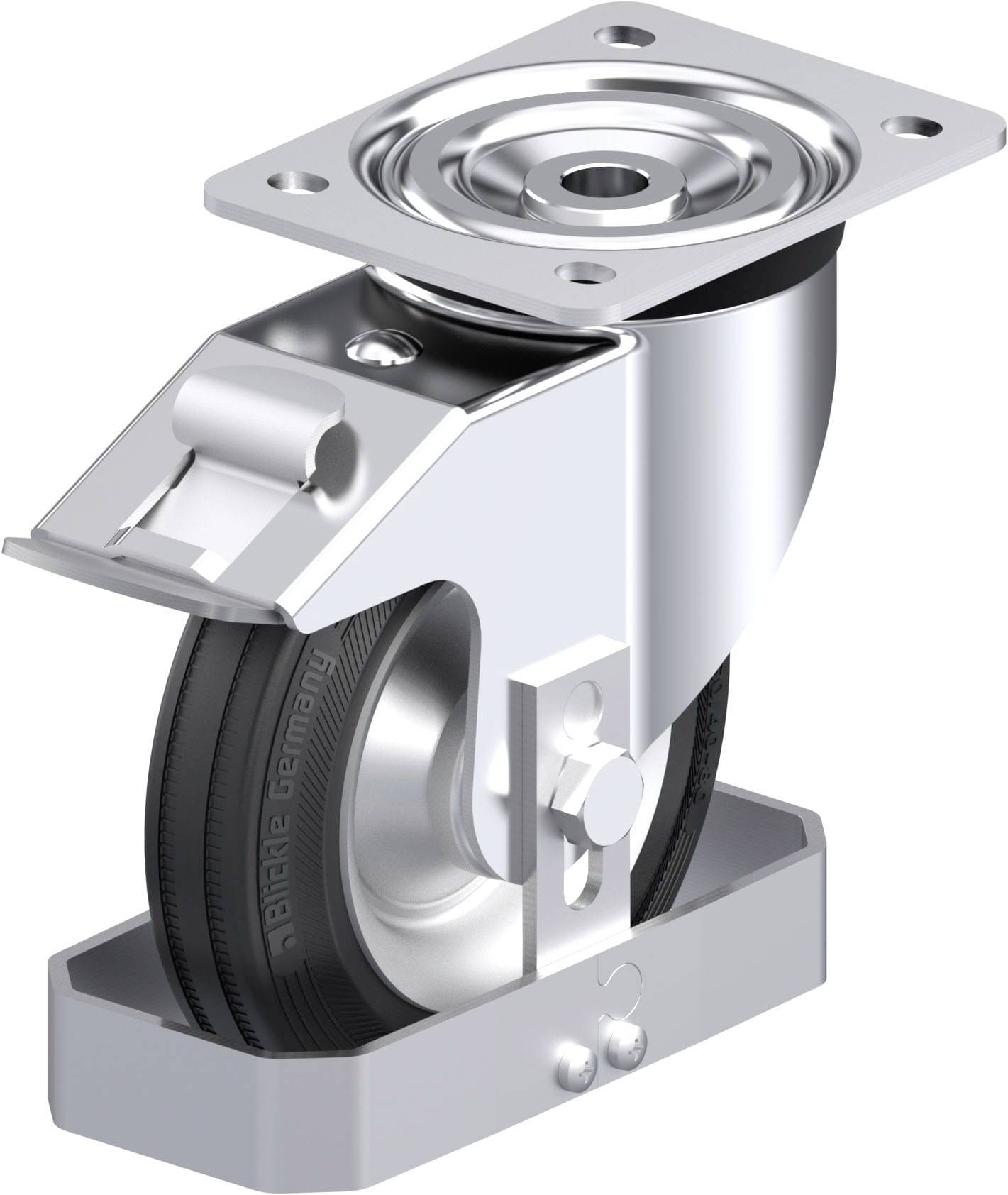 Ein einzelnes Schwerlast-Lenkrollenrad aus Metall und Gummi.