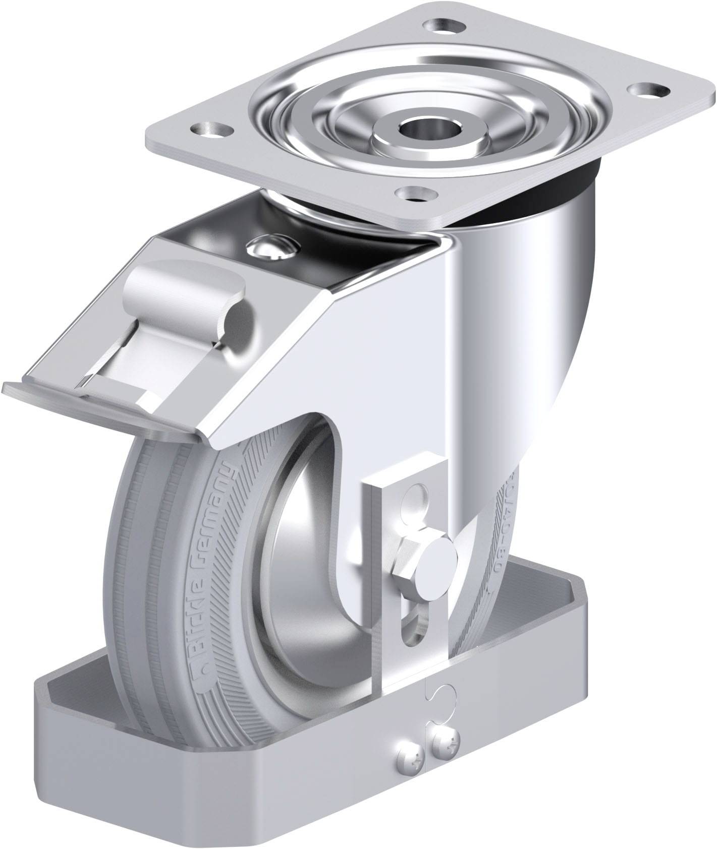 Metallisches Lenkrollenrad mit grauem Rad und Befestigungsplatte, geeignet zur Montage an Möbeln oder Geräten für Beweglichkeit.