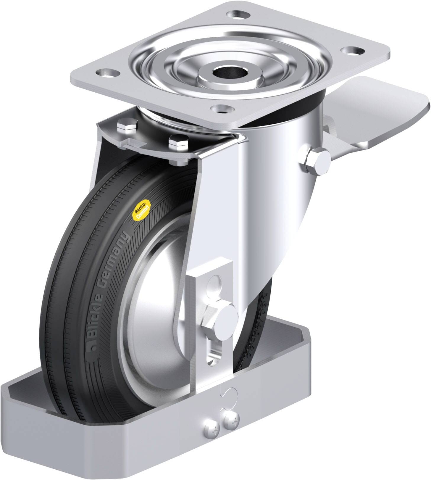 Lenkrollenkonstruktion mit Bremse, bestehend aus schwarzem Rad, silbernem Gehäuse und Metallplatte oben zur Befestigung.