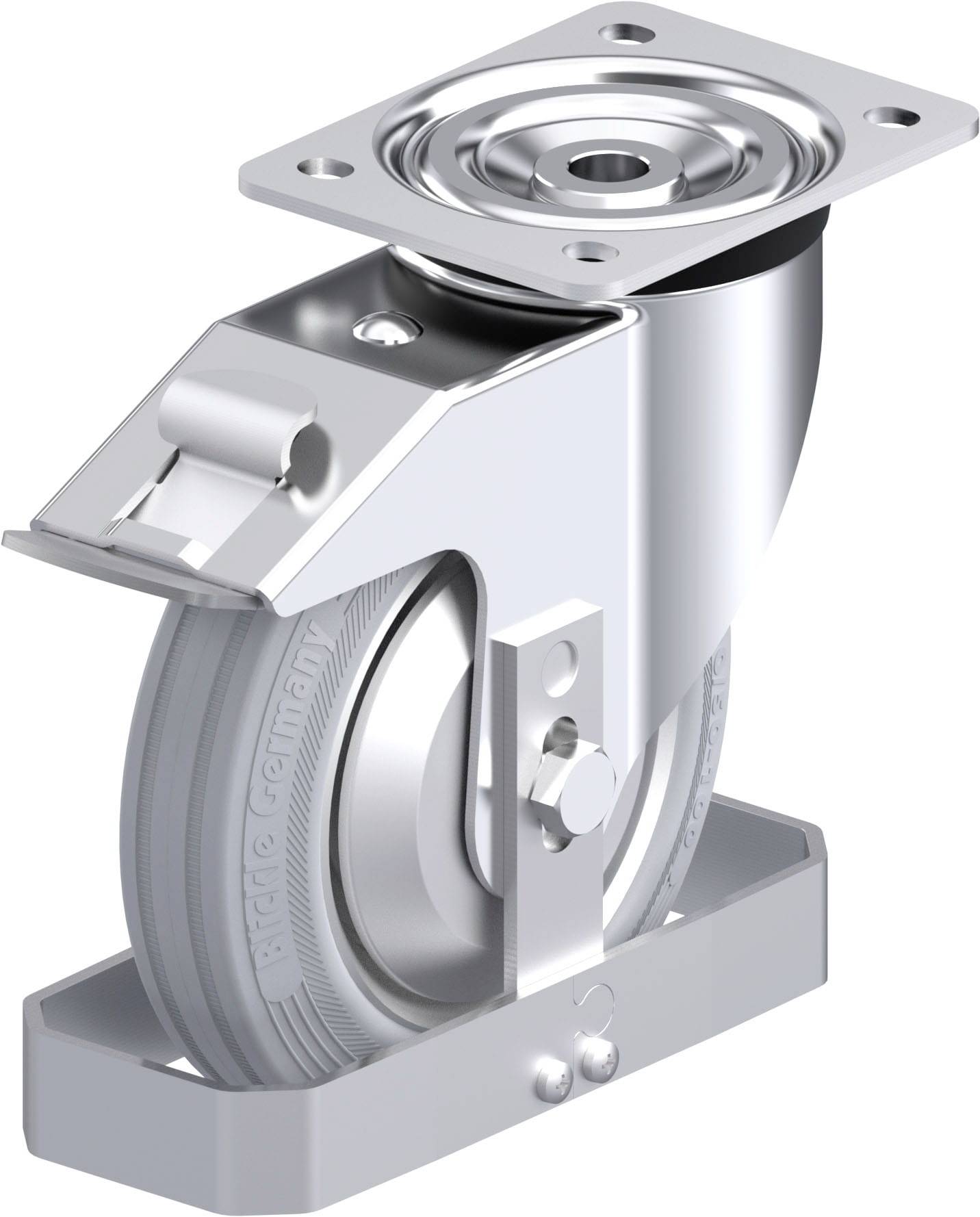 Drehbares Industriellenkrollrad aus Metall und Gummi mit rechteckiger Befestigungsplatte. Ideal für schwere Lasten und mobilen Einsatz.