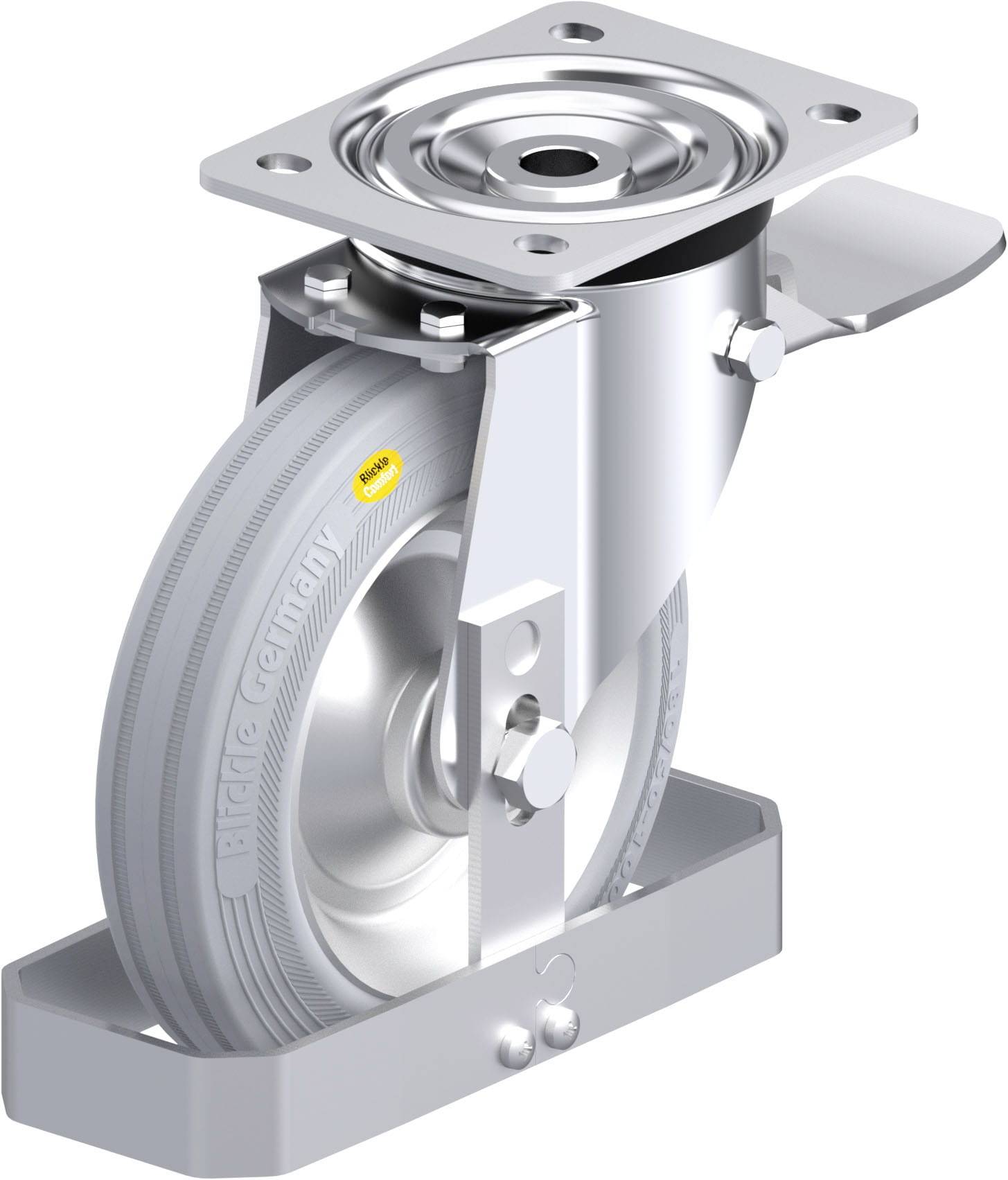 Schwenkrolle mit Befestigungsplatte und grauem Gummirad, geeignet für industrielle Anwendungen.