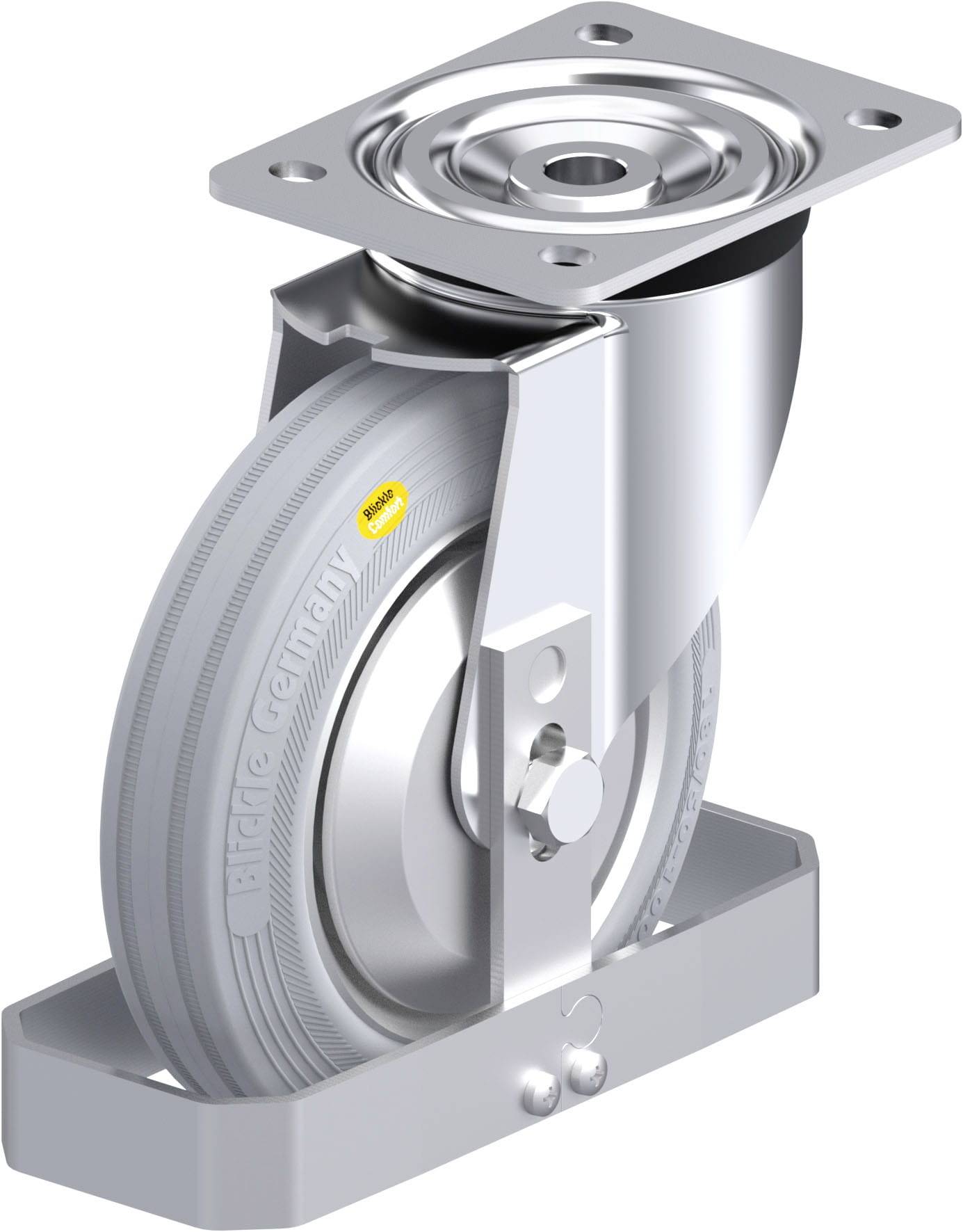 Industrie-Rolle mit Metallhalterung, grauem Rad und gelbem Schriftzug; zur Befestigung an Maschinen oder Möbeln geeignet.