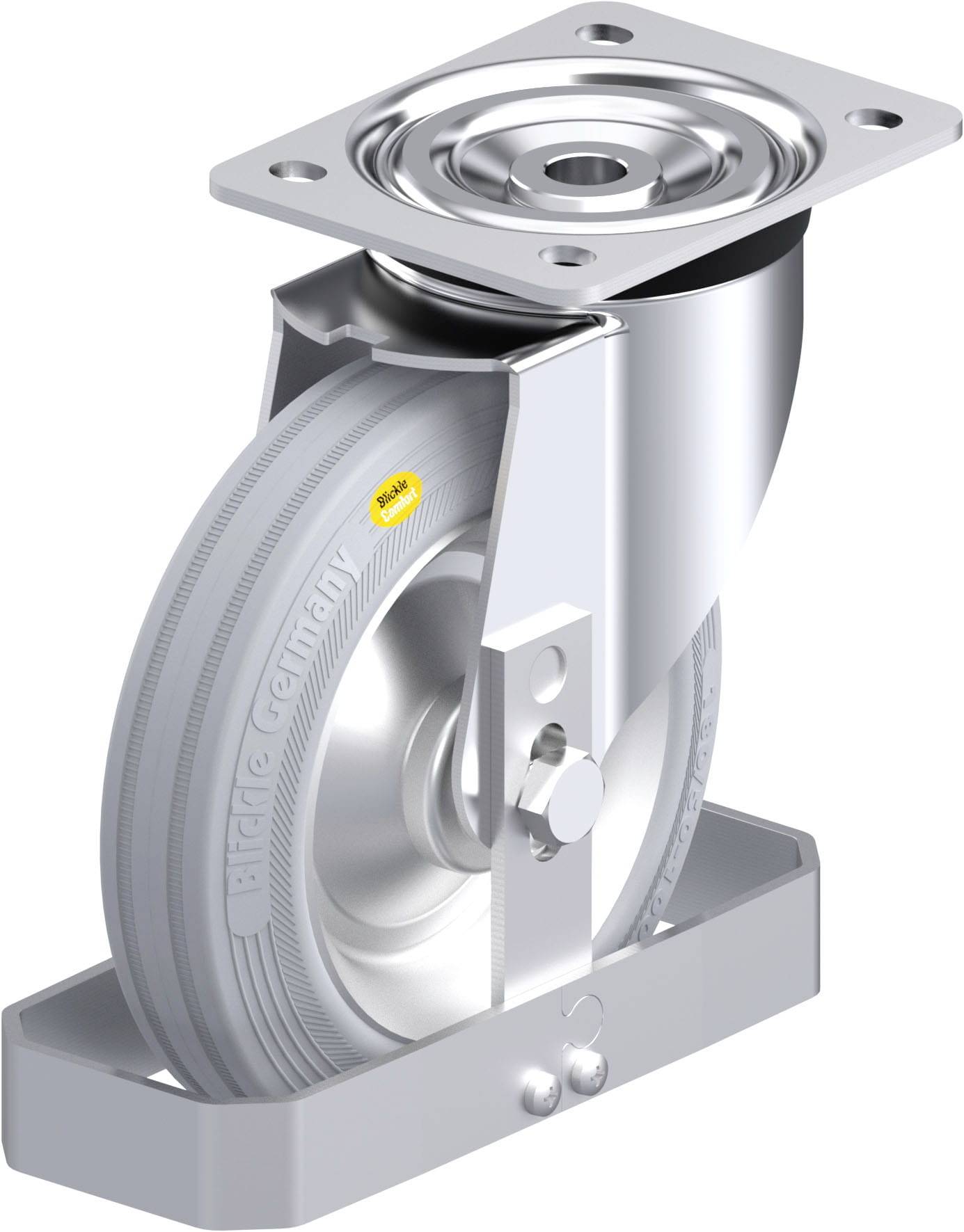 Industrie-Rolle mit metallischer Halterung und grauem Rad, geeignet für schwere Lasten im Maschinenbau oder Transportwesen.