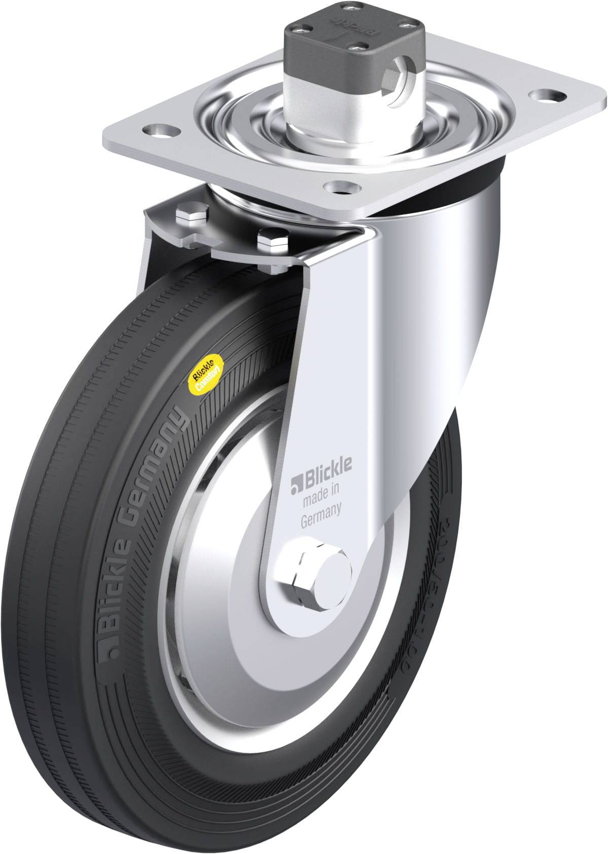 Industrie-Schwenkrolle mit kugelgelagertem Metallgehäuse und schwarzem Rad. Aufschrift 'Blickle Made in Germany' auf dem Gehäuse.