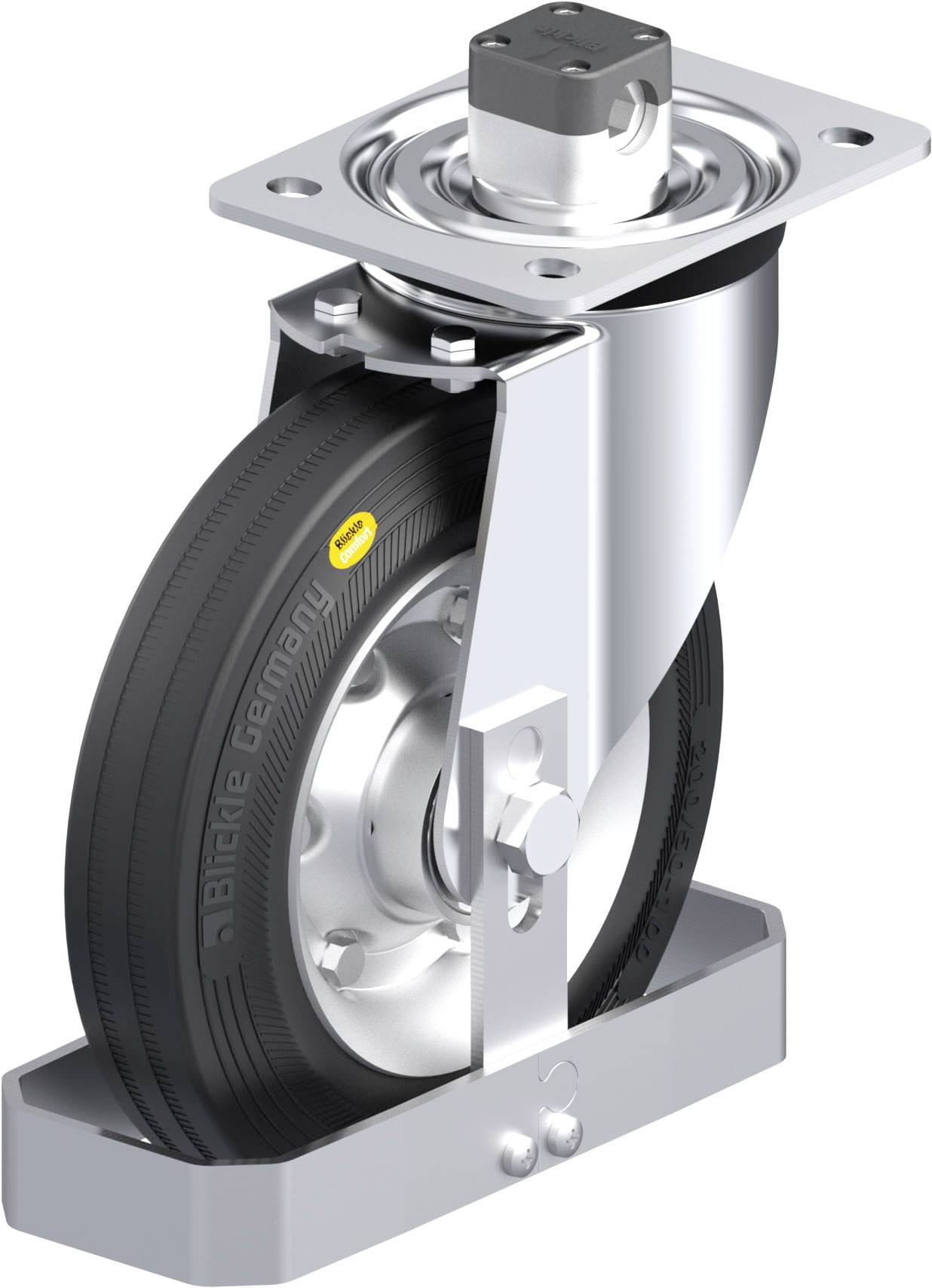 Industrielles Schwenkrad mit einem schwarzen Reifen und einem silbernen Halter, zeigt robuste Konstruktion für schwere Lasten.