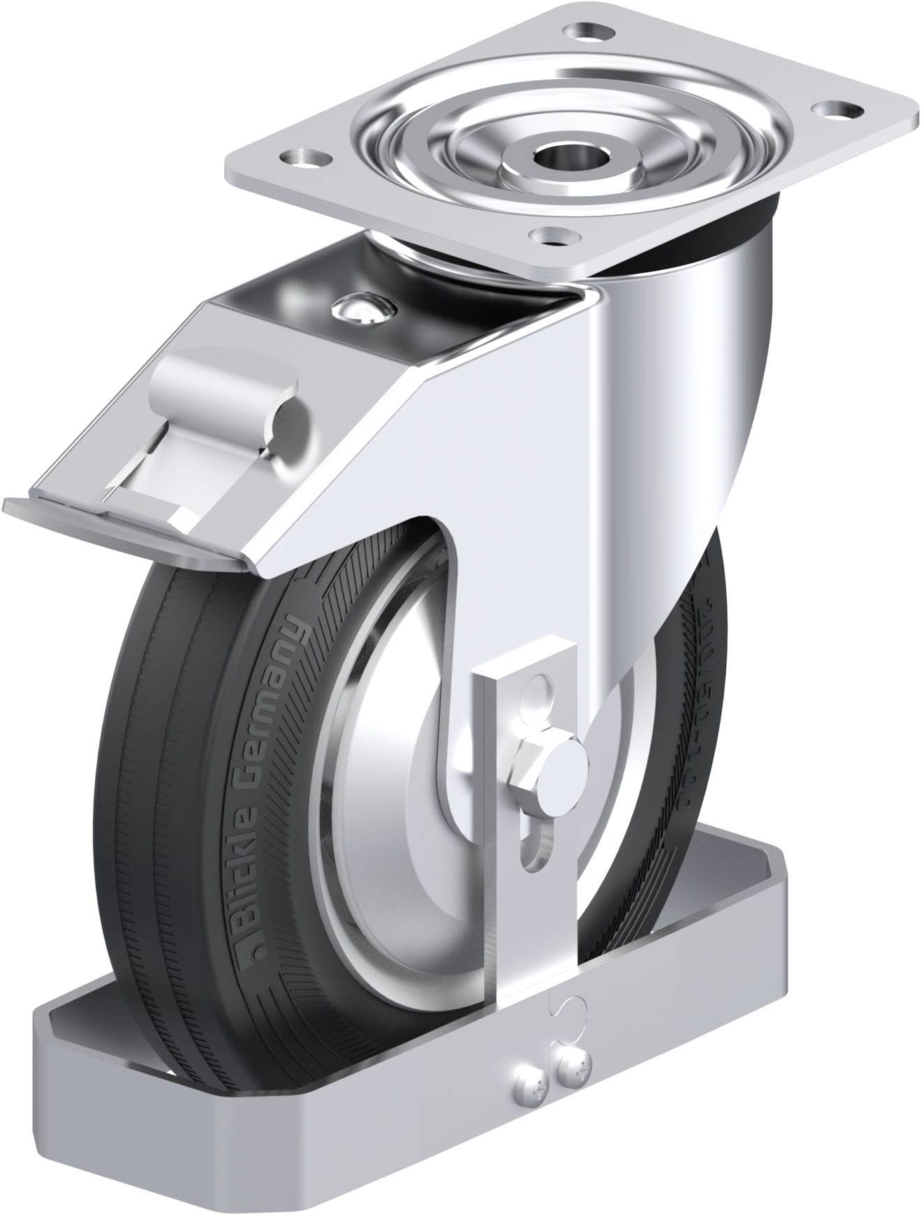 Industrie-Lenkrolle mit Gummirad und Metallhalterung, geeignet für schwere Lasten.