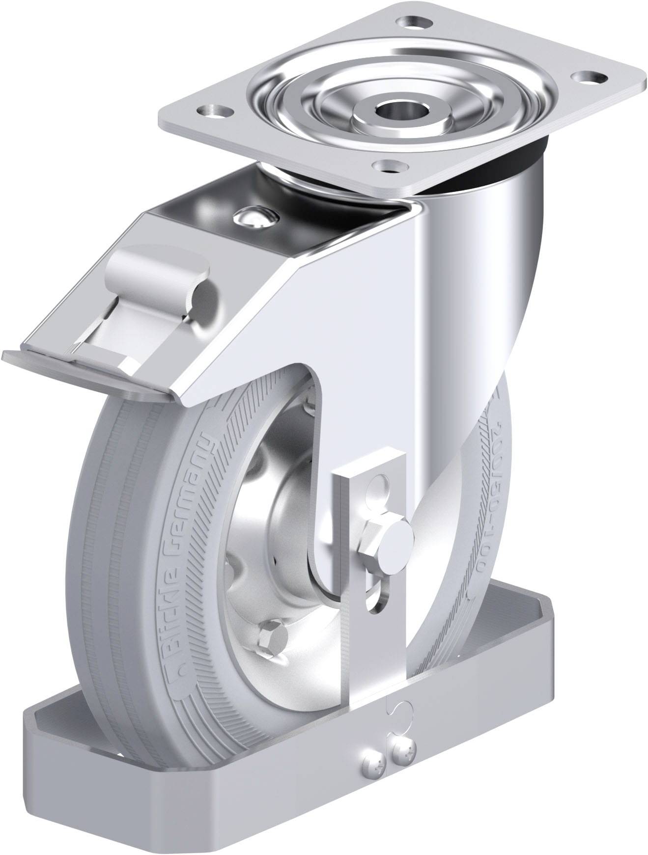 Industrie-Rollenrad, grau, mit Metallgehäuse, Montageplatte oben. Verwendet zum Bewegen schwerer Geräte.