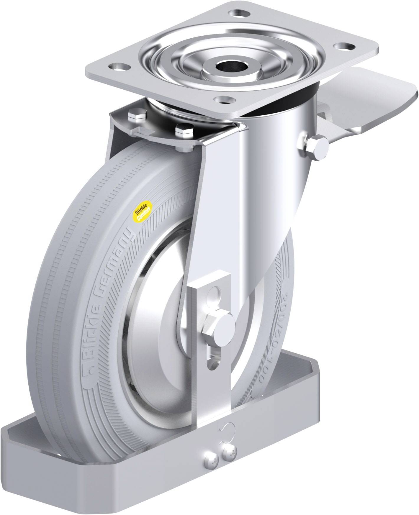 Schwenkrolle aus Metall mit grauem Gummirad und Montageplatte für Industrieanwendungen.
