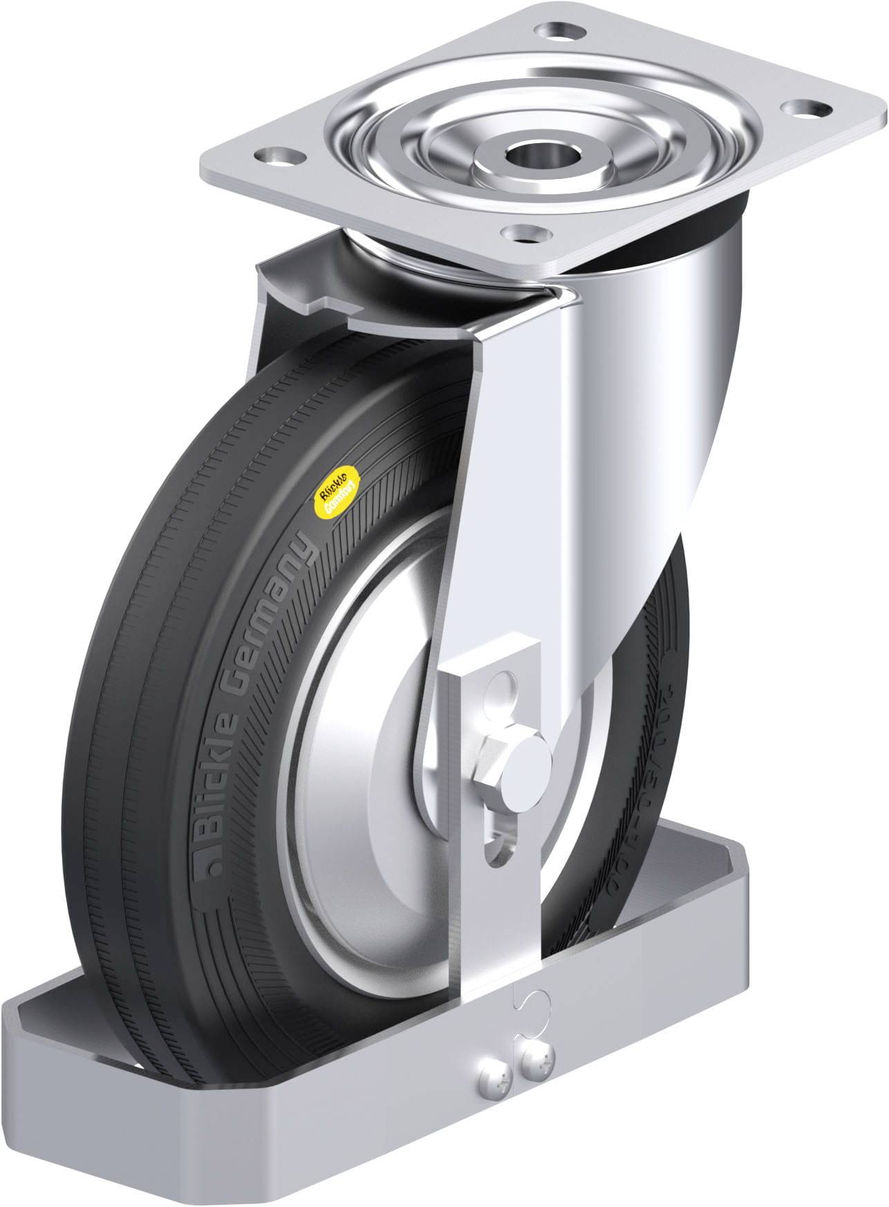 Schwenkrolle aus Metall mit schwarzem Gummireifen und Befestigungsplatte oben; geeignet für Möbel oder industrielle Anwendungen.