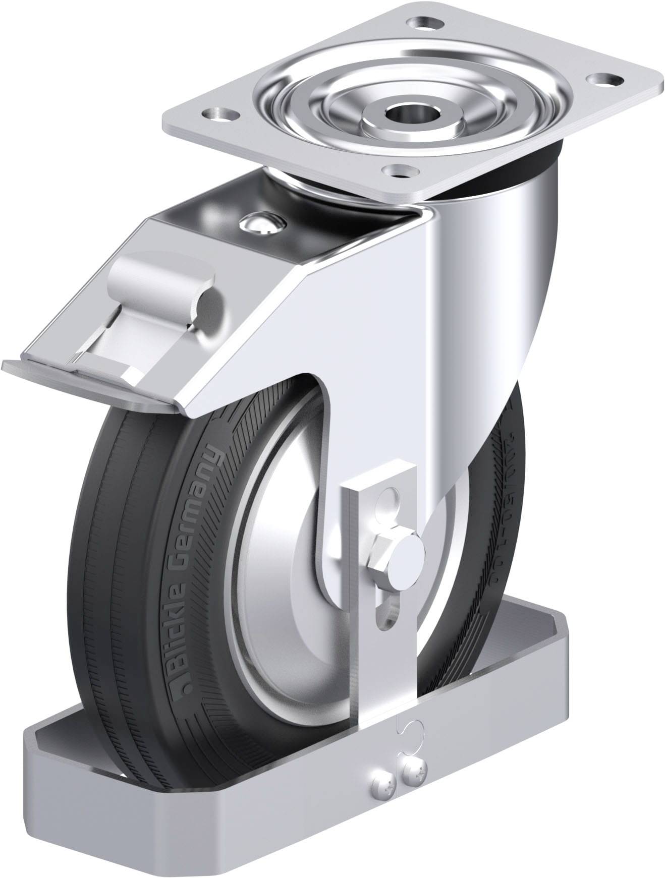 Schwenkrolle aus Metall mit schwarzem Gummirad und Befestigungsplatte. Geeignet für den Einsatz in industriellen Anwendungen.