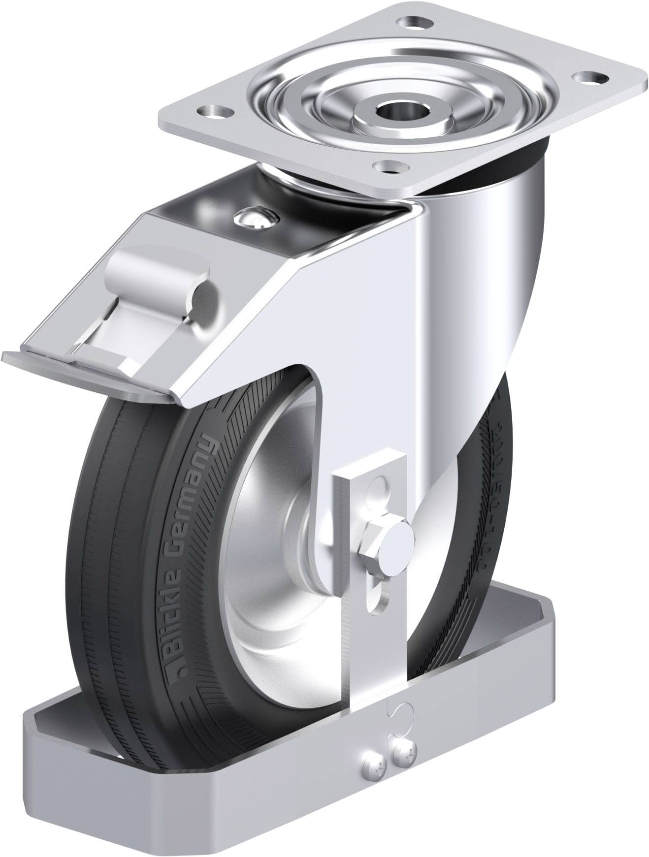 Lenkrolle aus Metall und Gummi, befestigt auf einem rechteckigen Metallträger, geeignet für Möbel- oder Wagenanwendungen.