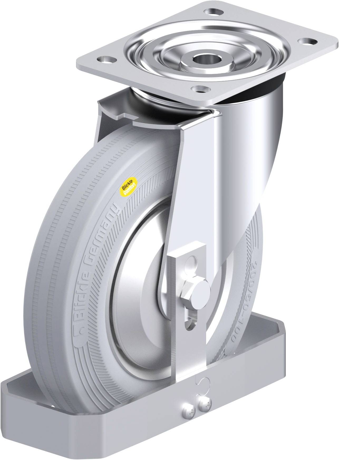 Grauer, drehbarer Rollenlager mit robustem Metallgehäuse und widerstandsfähigem Rad, auf rechteckiger Befestigungsplatte montiert.