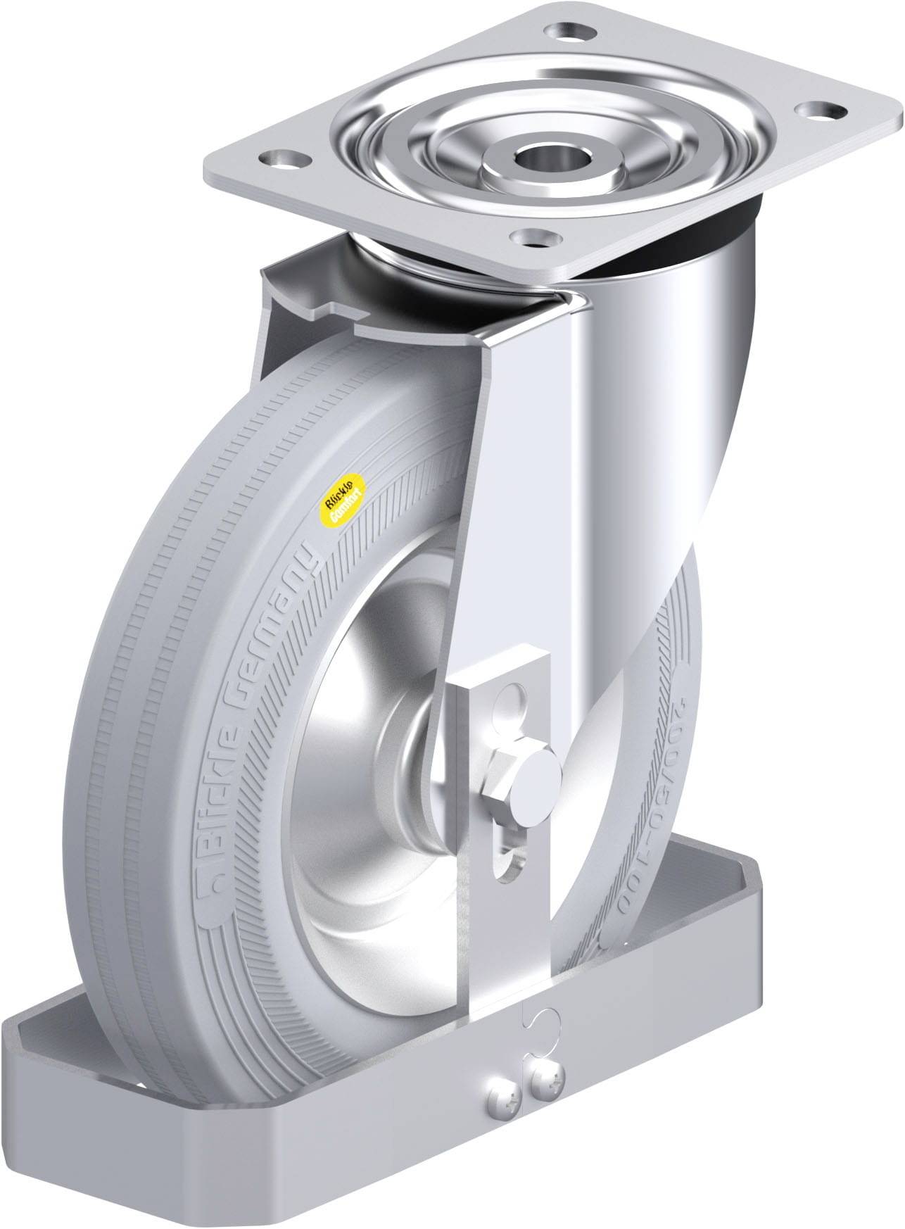 Ein silbernes Schwerlastrad mit grauem Gummi, montierfertig mit einer Metallplatte, geeignet für industrielle Anwendungen.