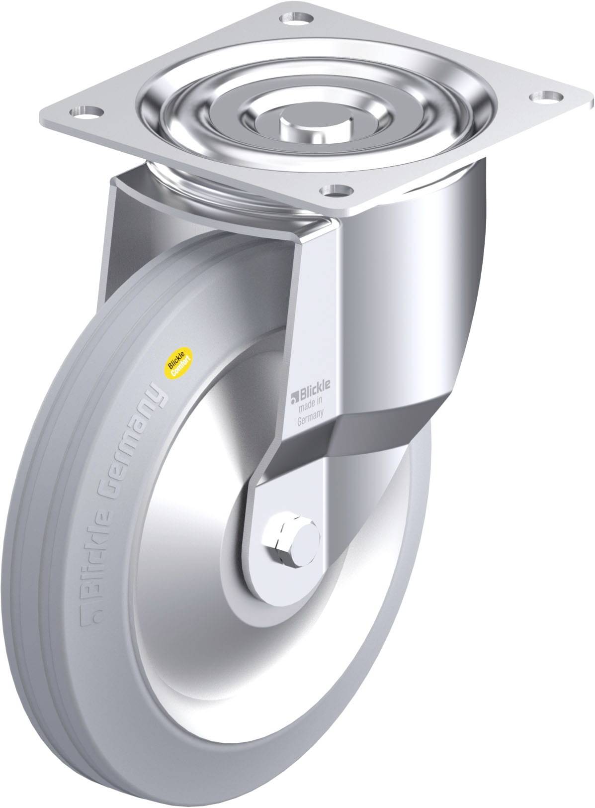 Schwenkrolle aus Metall mit grauem Reifen und Befestigungsplatte, geeignet für Transport oder Möbel; robustes Industrie-Design.