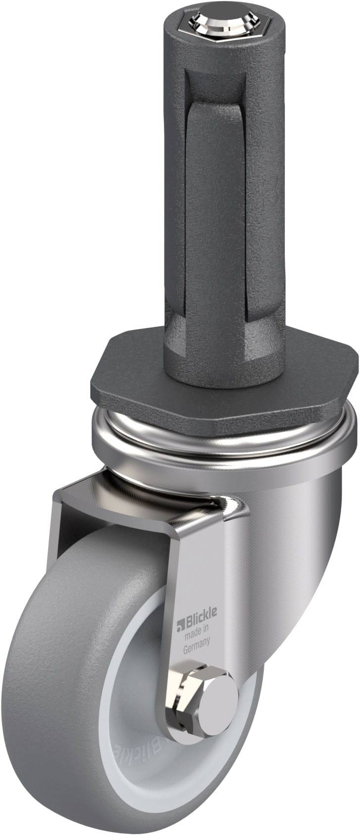 Leichtlaufrolle mit grauem Gummirad und metallischem Gehäuse, vertikalem Befestigungsstab. Geeignet für Möbel oder Industrieanwendungen.
