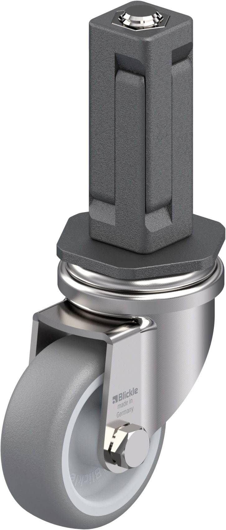 Ein grau-silbernes Lenkrolle mit grauem Rad und sechseckigem Befestigungselement aus Metall. Entwickelt für den Einsatz an Möbeln oder Geräten.