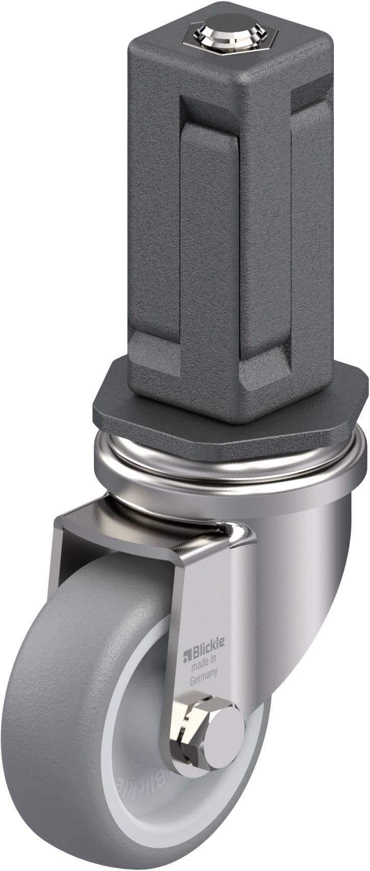 Lenkrolle mit quadratischem Anschraubdorn und grauem Rad, aus Metall und Kunststoff, für Möbel oder Industrieanwendungen geeignet.
