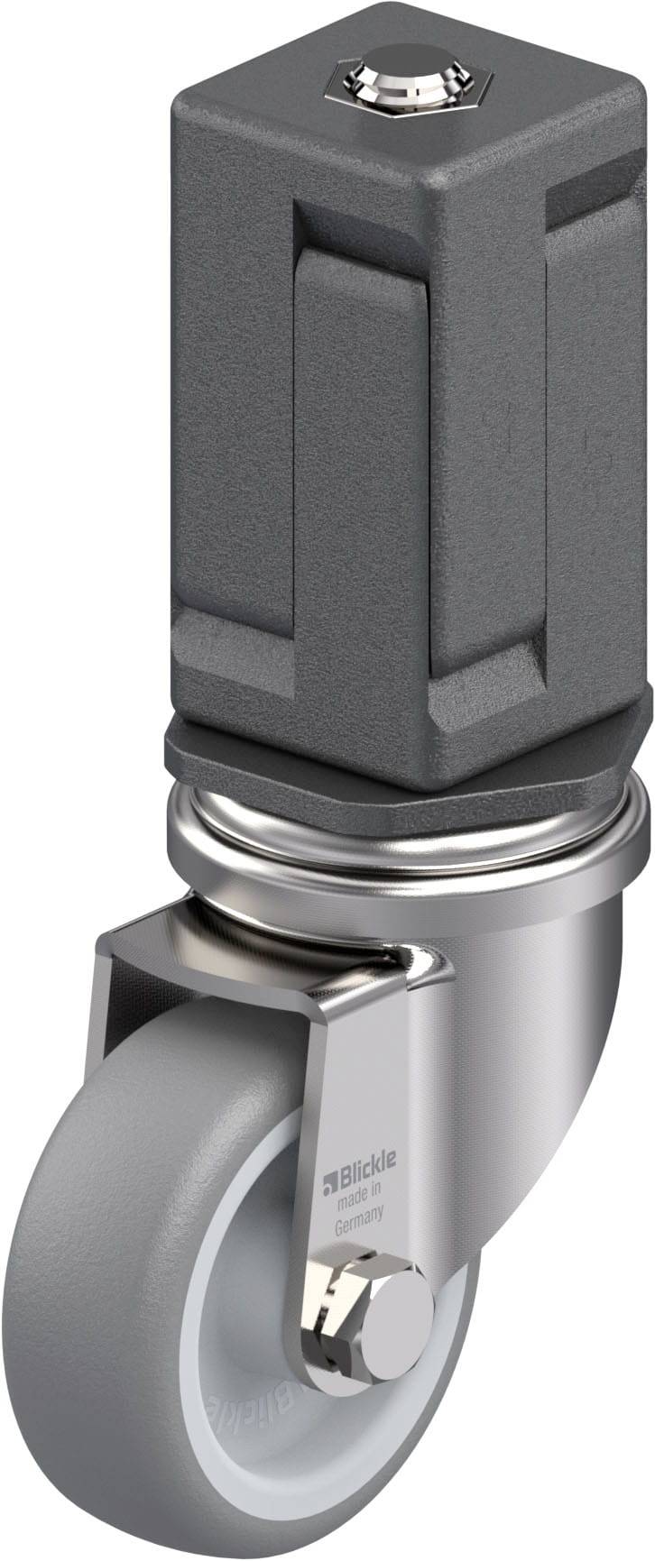 Ein graues Lenkrad für Möbel mit einem robusten Metallgehäuse. Das Rad ist drehbar und für den Einsatz auf verschiedenen Böden geeignet.