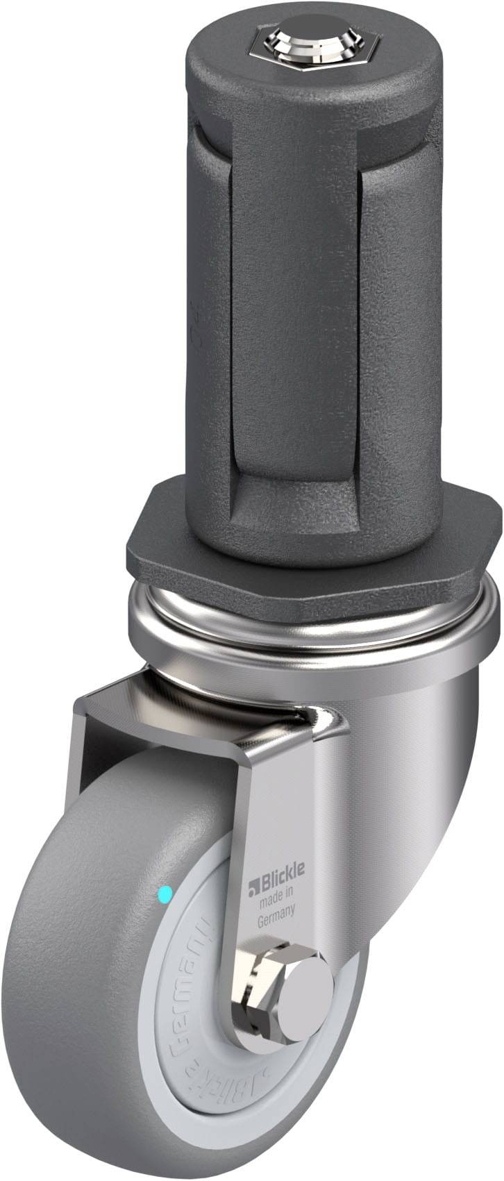 Ein Lenkrad mit Griff, Metallgehäuse und Gummigriff. Marke 'Blickle' ist auf der metallischen Oberfläche eingraviert.