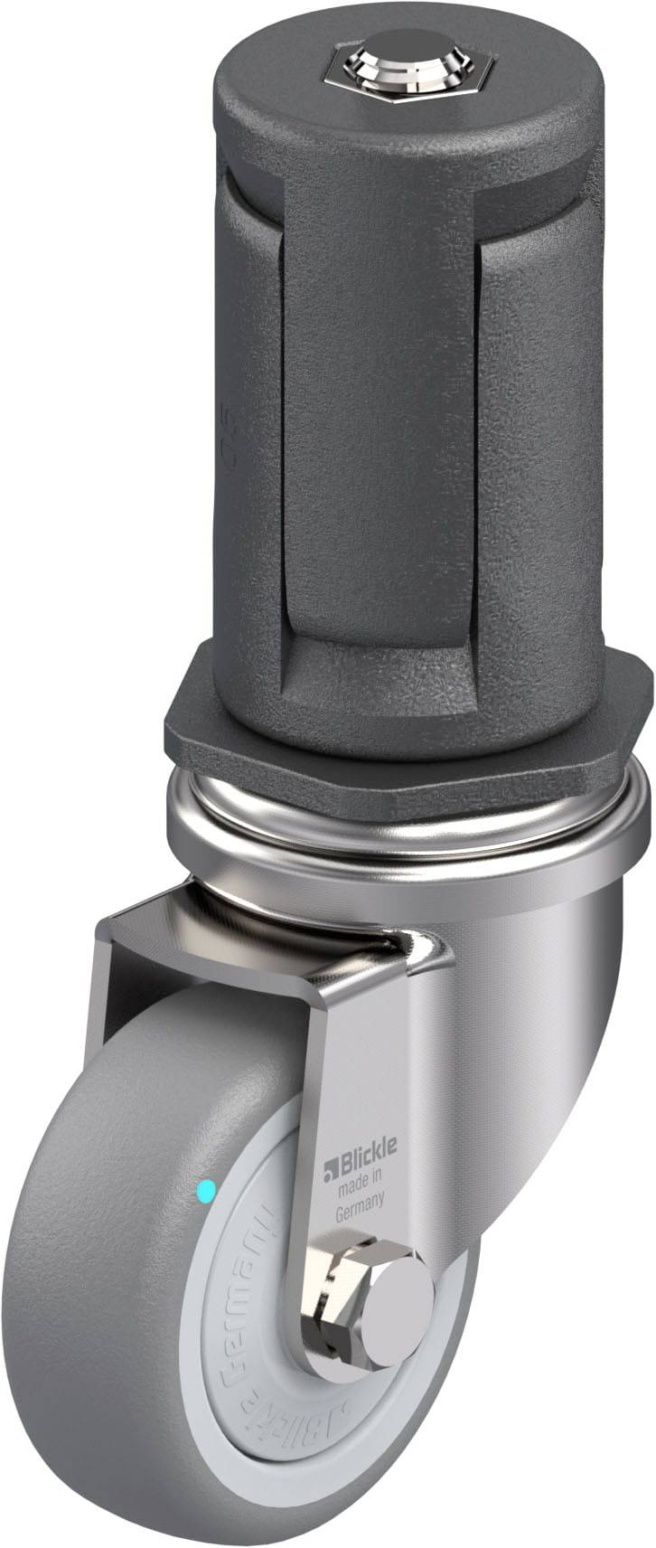 Metallisches Lenkrollenrad mit grauem Reifen, geeignet für Möbel oder Geräte, zeigt Detail des Befestigungsmechanismus oben.