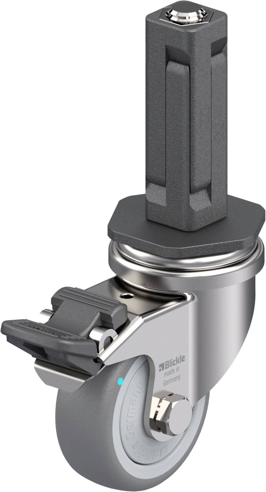 Grauer Drehstuhl-Rollenadapter mit Feststeller, montiert an silbernem Metallrad. Geeignet für Bürostühle oder rollbare Möbel.