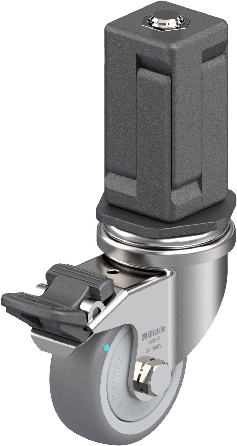 Industrie-Schwenkrolle mit grauer Gummirolle, Metallgehäuse und schwarzem Bremspedal. Entwickelt für Belastbarkeit und Mobilität.