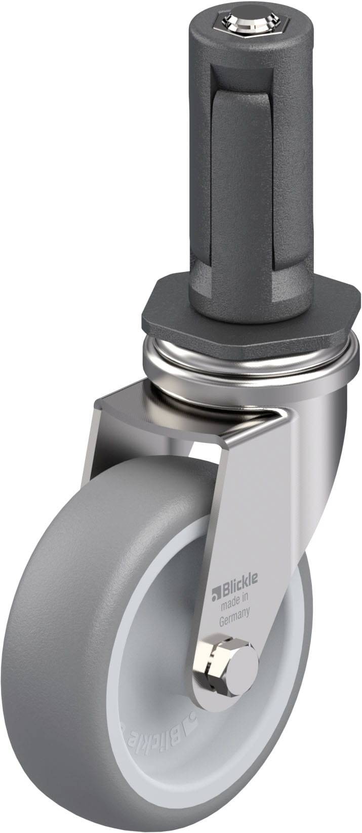 Industrie-Lenkrolle mit grauem Rad, silbernem Gehäuse und schwarzer Befestigung. Markenname 'Blickle' auf dem Gehäuse sichtbar.