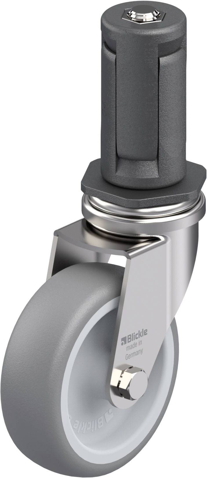 Graue Rolle mit schwarzer, zylindrischer Befestigung. Markenname 'Blickle'. Verwendet für Möbel oder Industrieausrüstung.