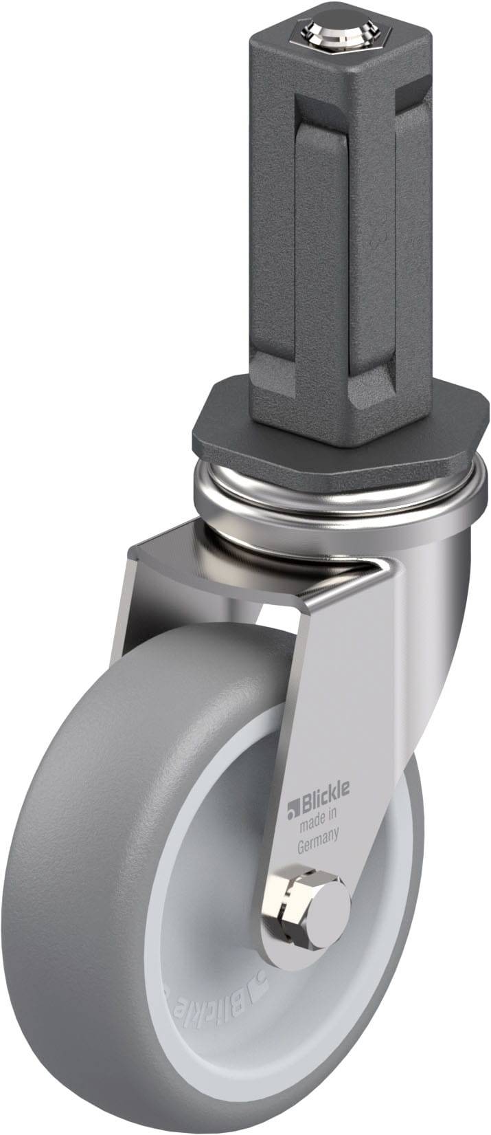 Rollenrad mit grauem Gummi, metallischem Halter und Schraubverbindung, geeignet für Möbel oder Geräte.