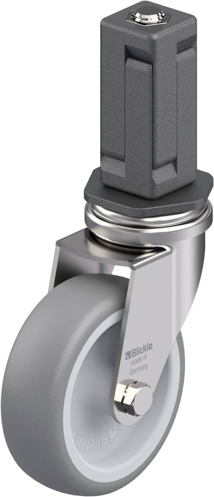 Graue, drehbare Rolle mit Metallhalterung. Geeignet für sanfte Mobilität von Möbeln oder Geräten.