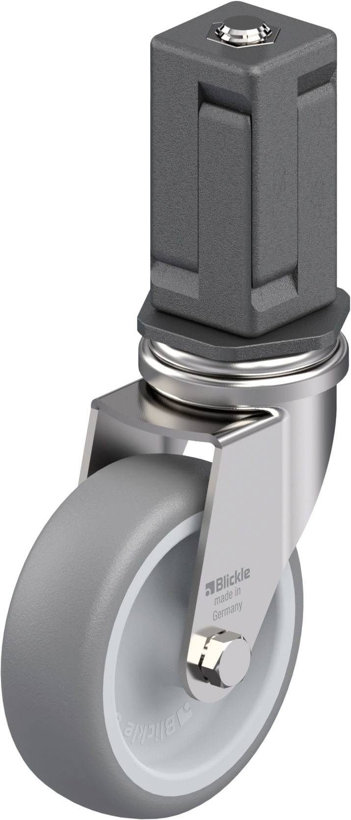 Schwenkrolle aus Metall mit grauem Rad, geeignet für Möbel oder Geräte. Das Rad hat einen grauen, gummierten Reif und eine Metallhalterung.