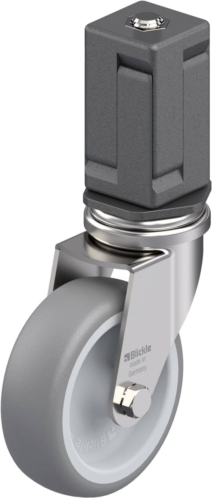 Industrie-Lenkrolle mit grauem Rad und schwarzem, rechteckigem Gehäuse, geeignet für Maschinen und Transportgeräte.
