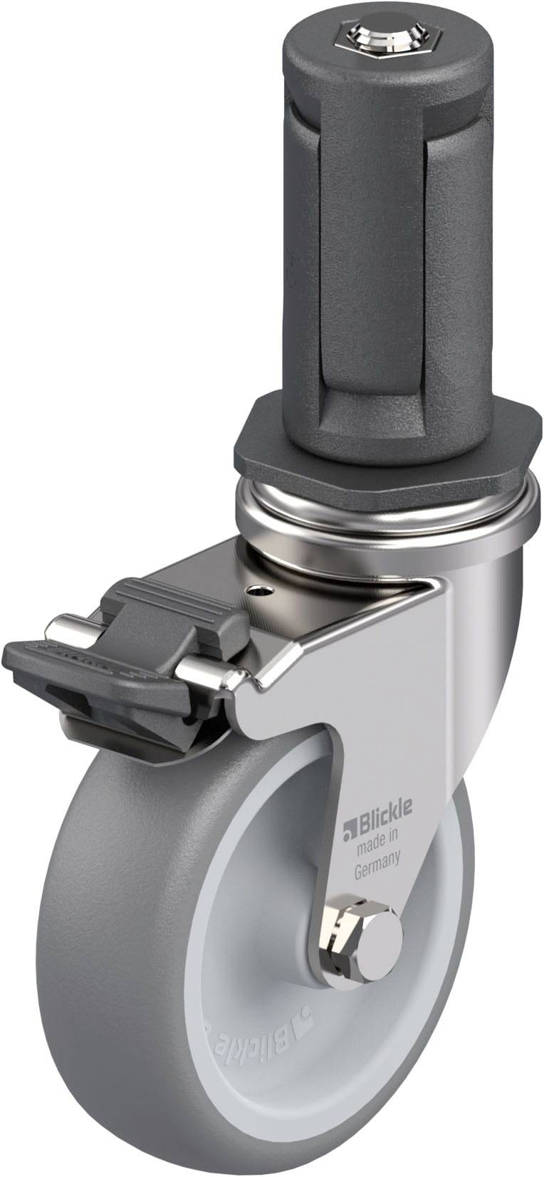 Industrie-Rad mit grauem Reifen, Metallgabel und Feststellbremse, geeignet für den Einsatz an Transportgeräten oder Möbeln.