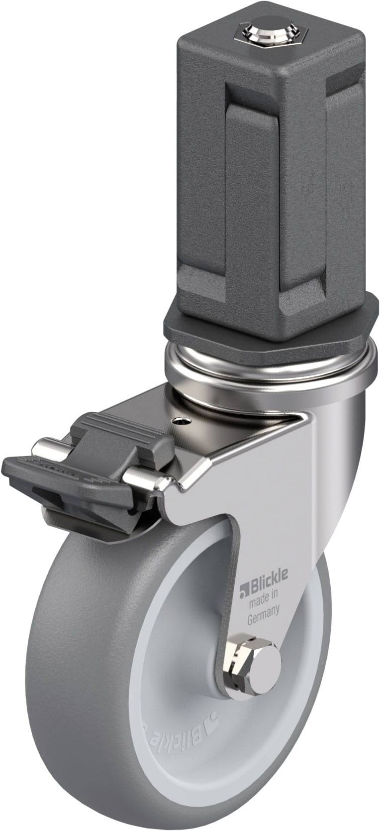 Rolle mit grauem Rad und Feststeller. Geeignet für Möbel oder Transportgeräte, um Beweglichkeit und Stabilität zu gewährleisten.