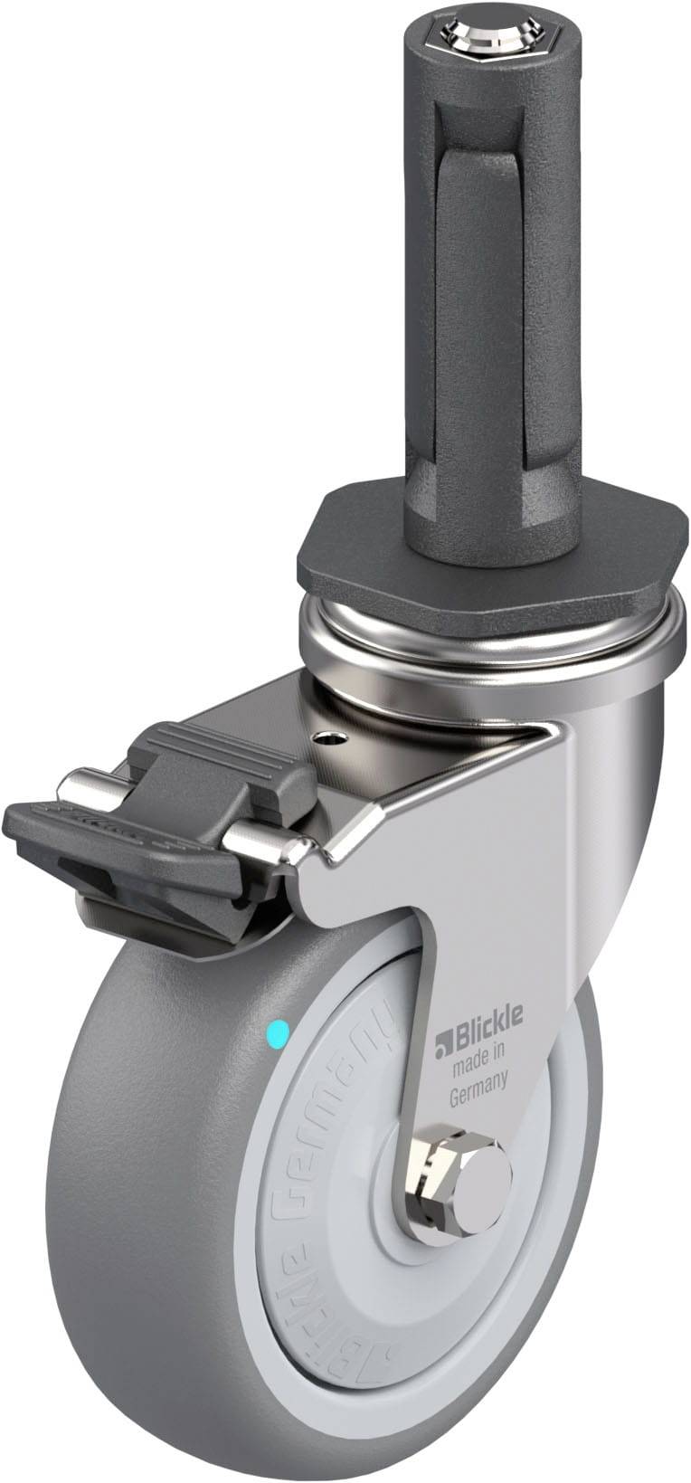 Graue Schwerlastrolle mit Bremsmechanismus und Bolzen zur Befestigung. Robuste Konstruktion für industrielle Anwendungen.