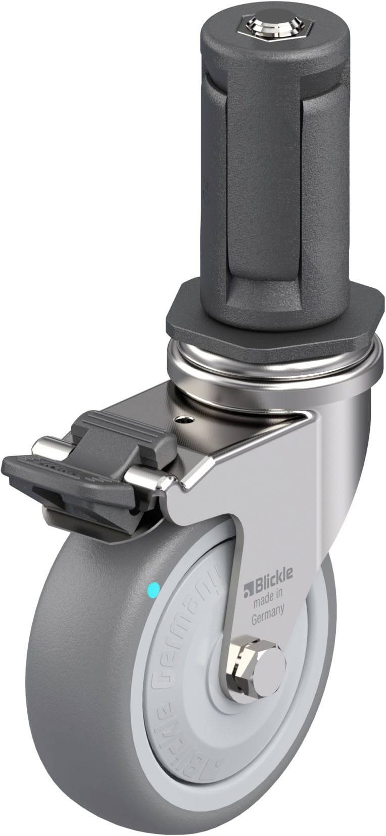 Industrie-Drehrad mit grauer Gummibereifung und schwarzem Befestigungselement. Geeignet für leichte bis mittelschwere Lasten.