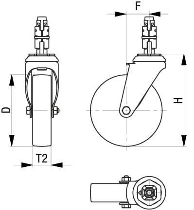 Technische Zeichnung eines beweglichen Rads. Drei Ansichten zeigen Maße: Durchmesser (D), Höhe (H), Breite (F) und Tiefe (T2).