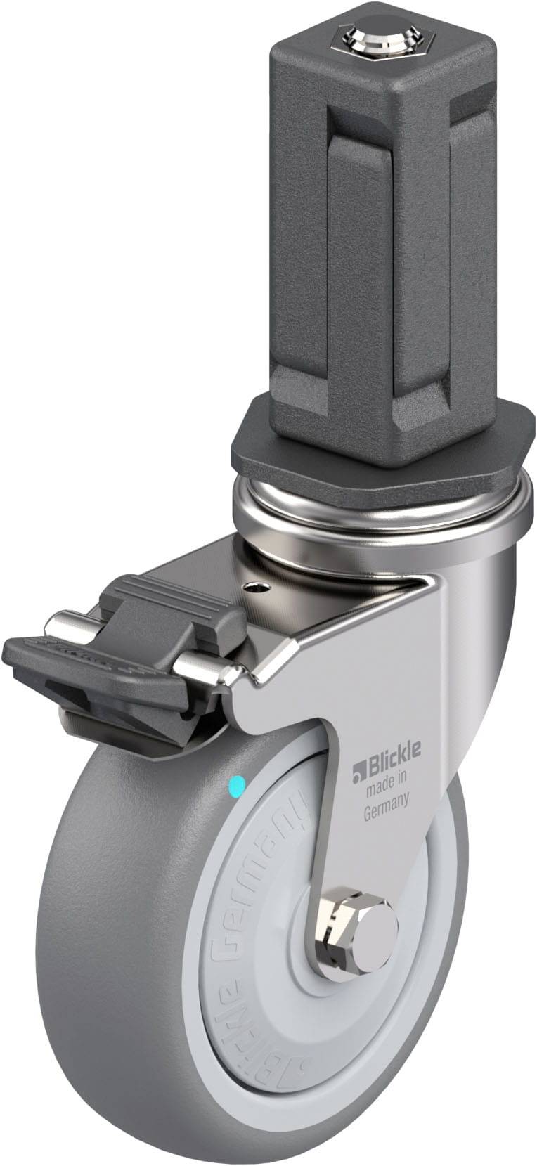 Industrie-Bockrolle mit grauem Rad und Feststellmechanismus, hergestellt von Blickle in Deutschland. Geeignet für Schwerlastanwendungen.