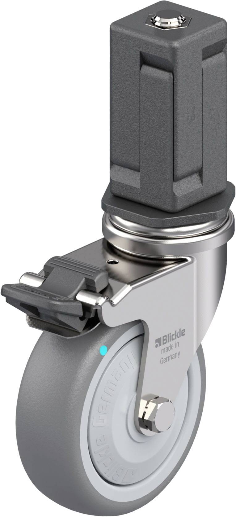 Industrie-Rolle aus Metall und Gummi mit Bremsmechanismus, hergestellt von Blickle in Deutschland.