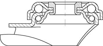 Ein technisches Diagramm zeigt einen Querschnitt eines Kugellagers mit Gehäuse und Dichtungen, das links auf einer Welle montiert ist.