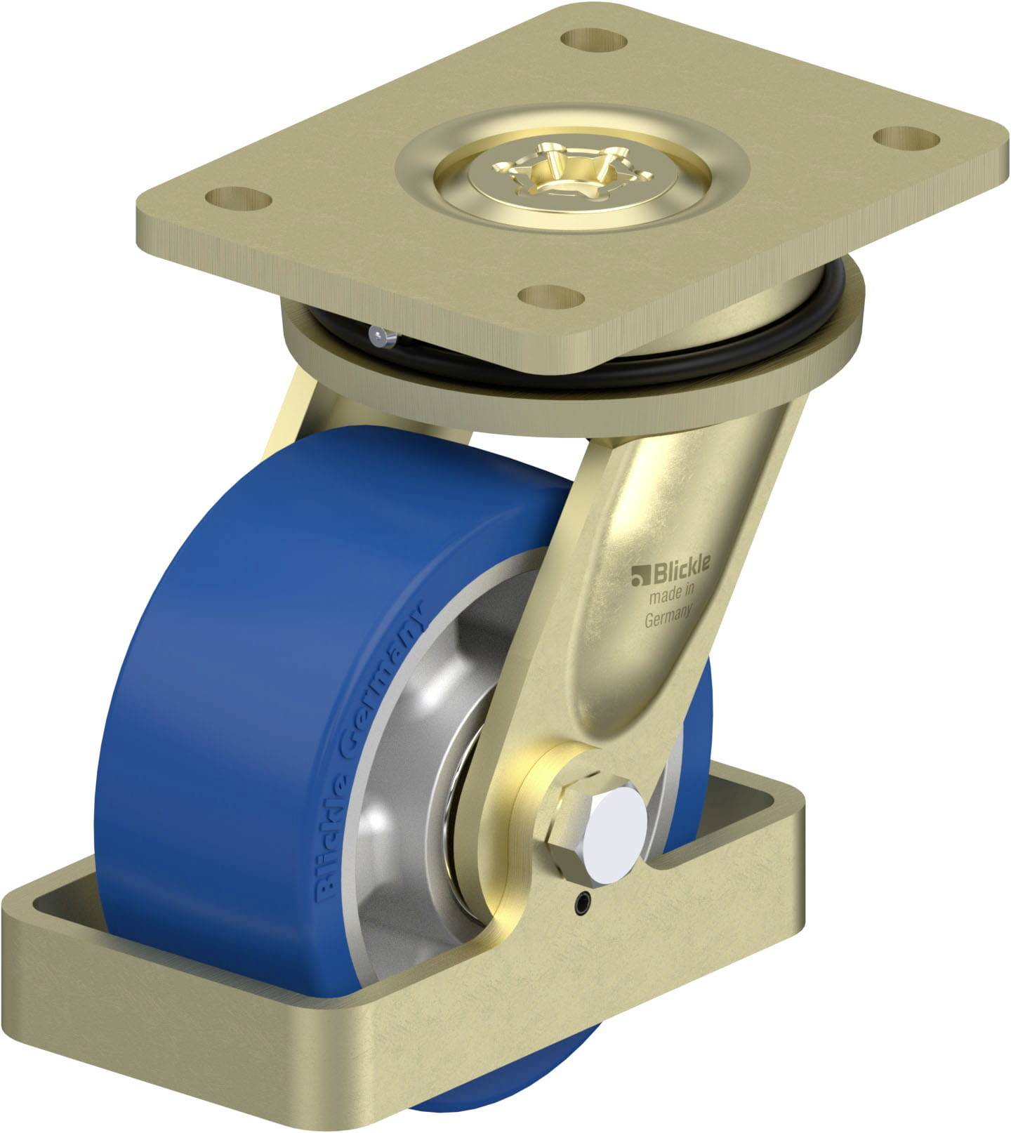 Goldenes Schwerlast-Lenkrolle mit blauer Gummi-Lauffläche, montiert auf rechteckiger Platte. Robustes Design für industrielle Nutzung.