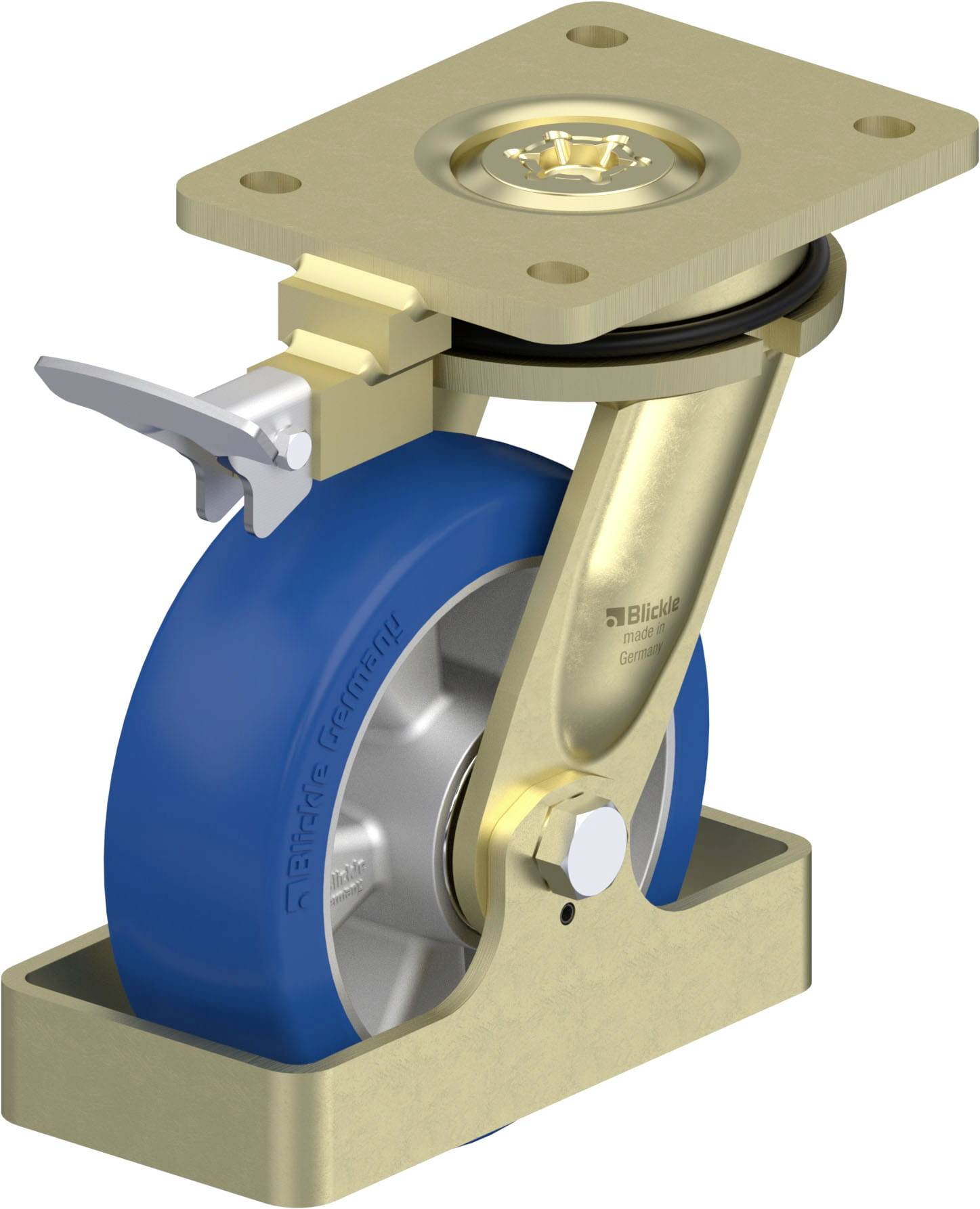 Hochleistungs-Lenkrolle aus Metall mit blauer Polyurethan-Lauffläche und Bremse, geeignet für industrielle Anwendungen.