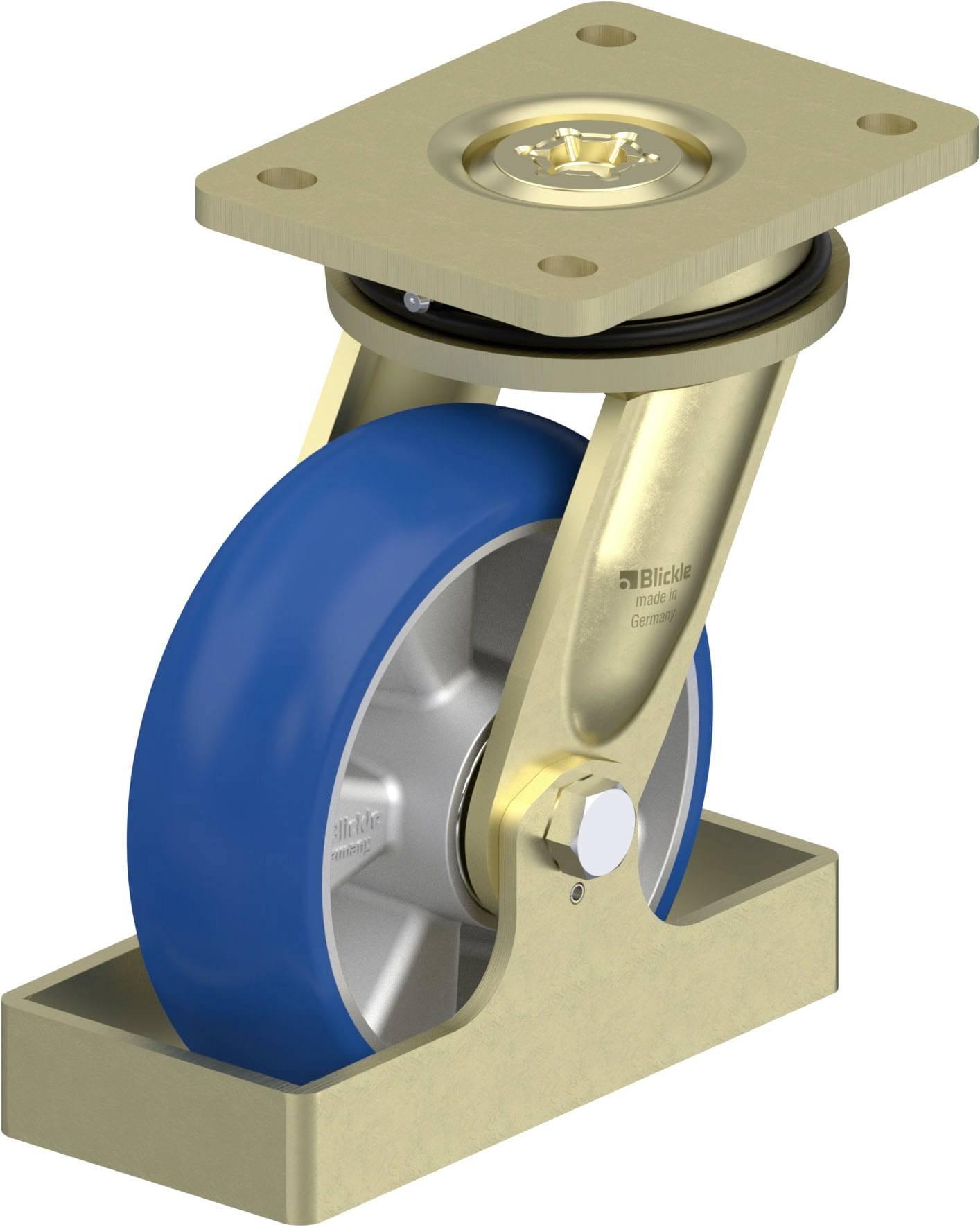 Schwerlastfahrwerk mit blauer Rolle und stabiler Metallhalterung für industrielle Anwendungen.