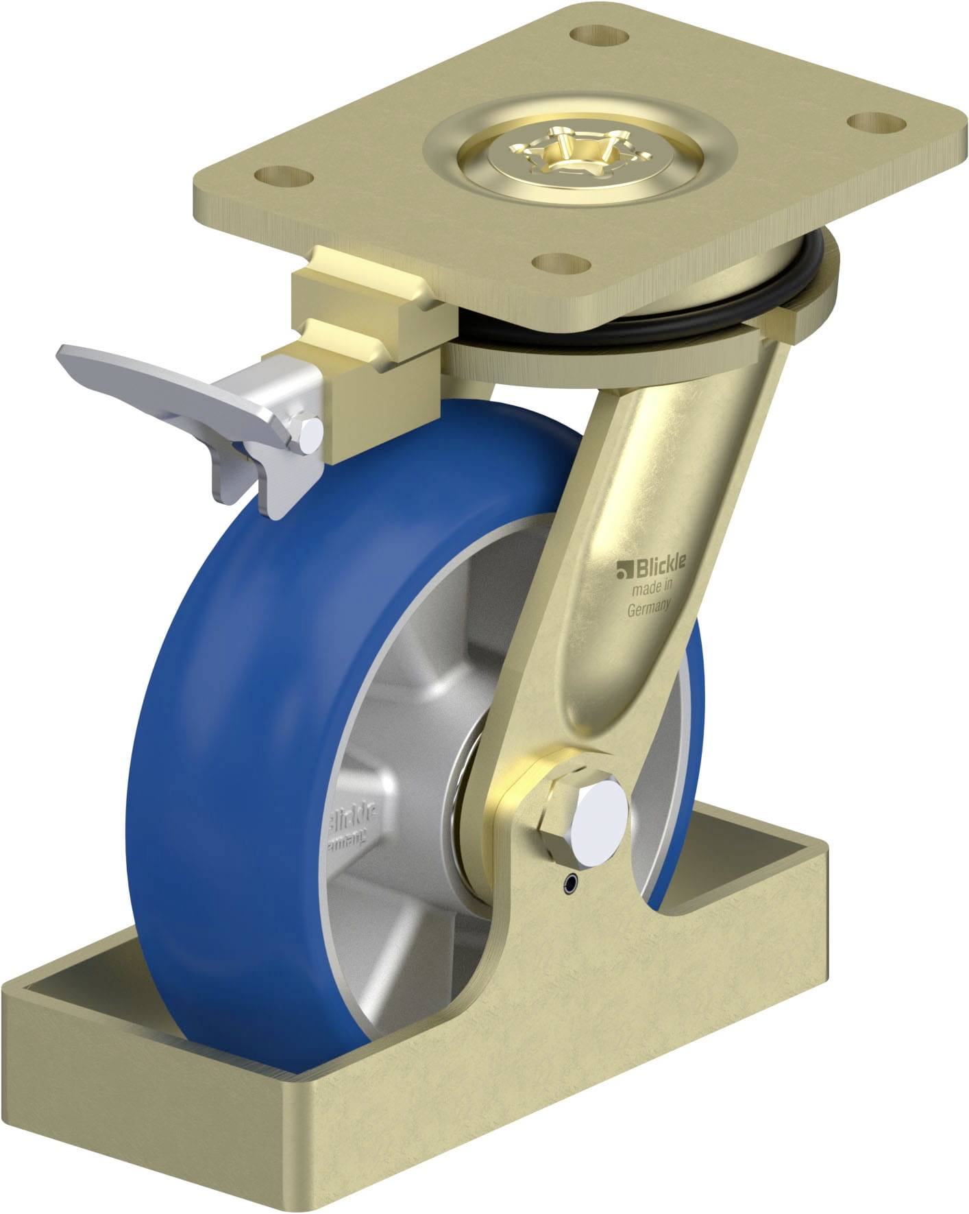 Rolle mit blauem Rad, an einem goldenen Metallhalter befestigt, mit einer Bremsvorrichtung an der Seite. Verwendet für Möbel oder Geräte.