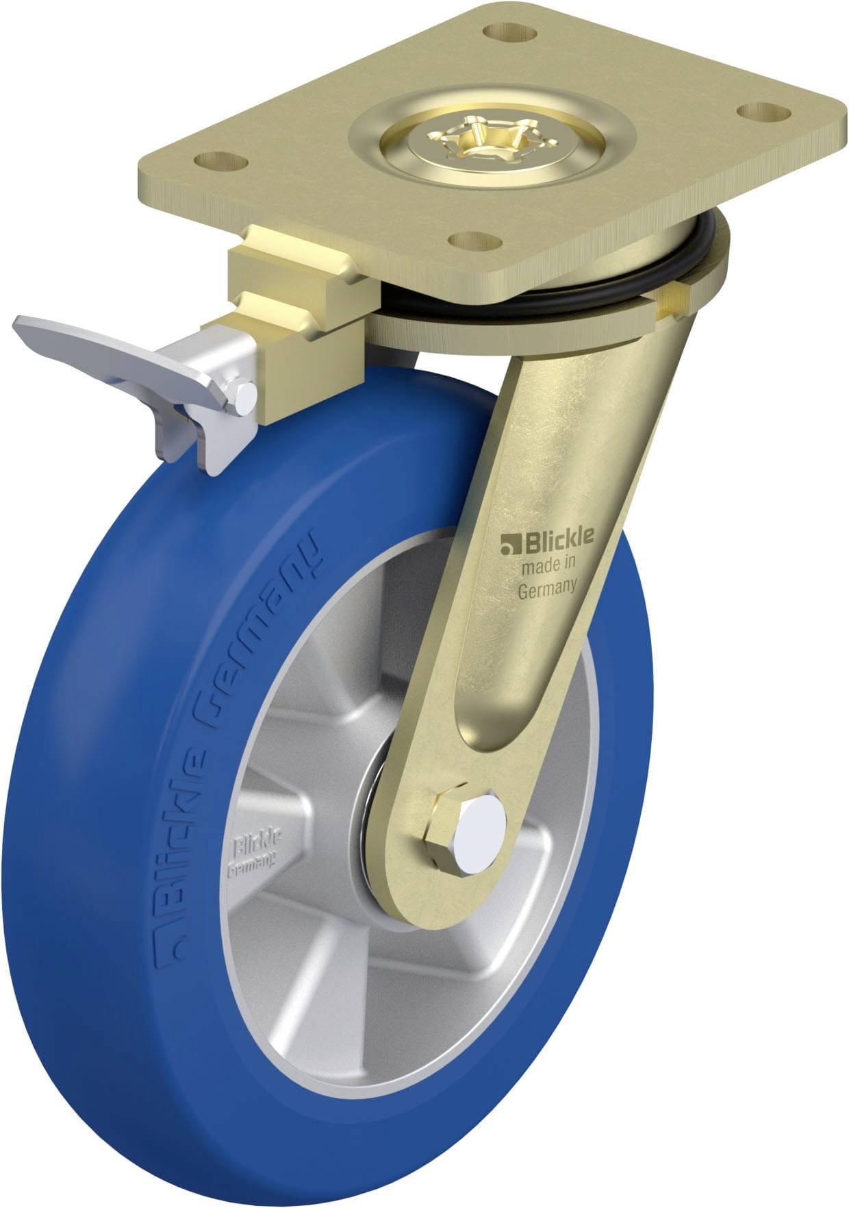 'Blickle Rolle' mit blauem Rad und goldener Halterung, geeignet für bewegliche Möbel oder Maschinen. Anti-Rutsch-System inkludiert.