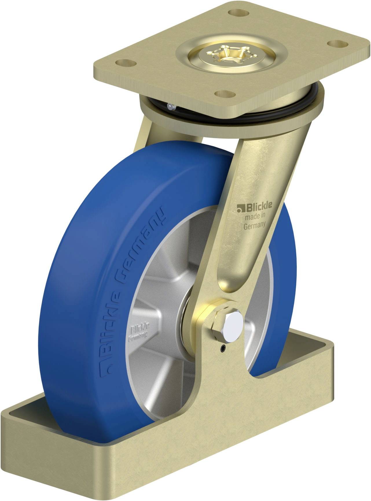 Industrie-Rad mit blauem Rad und goldener Halterung, geeignet für schwere Lasten. Die Halterung zeigt das Firmenlogo.