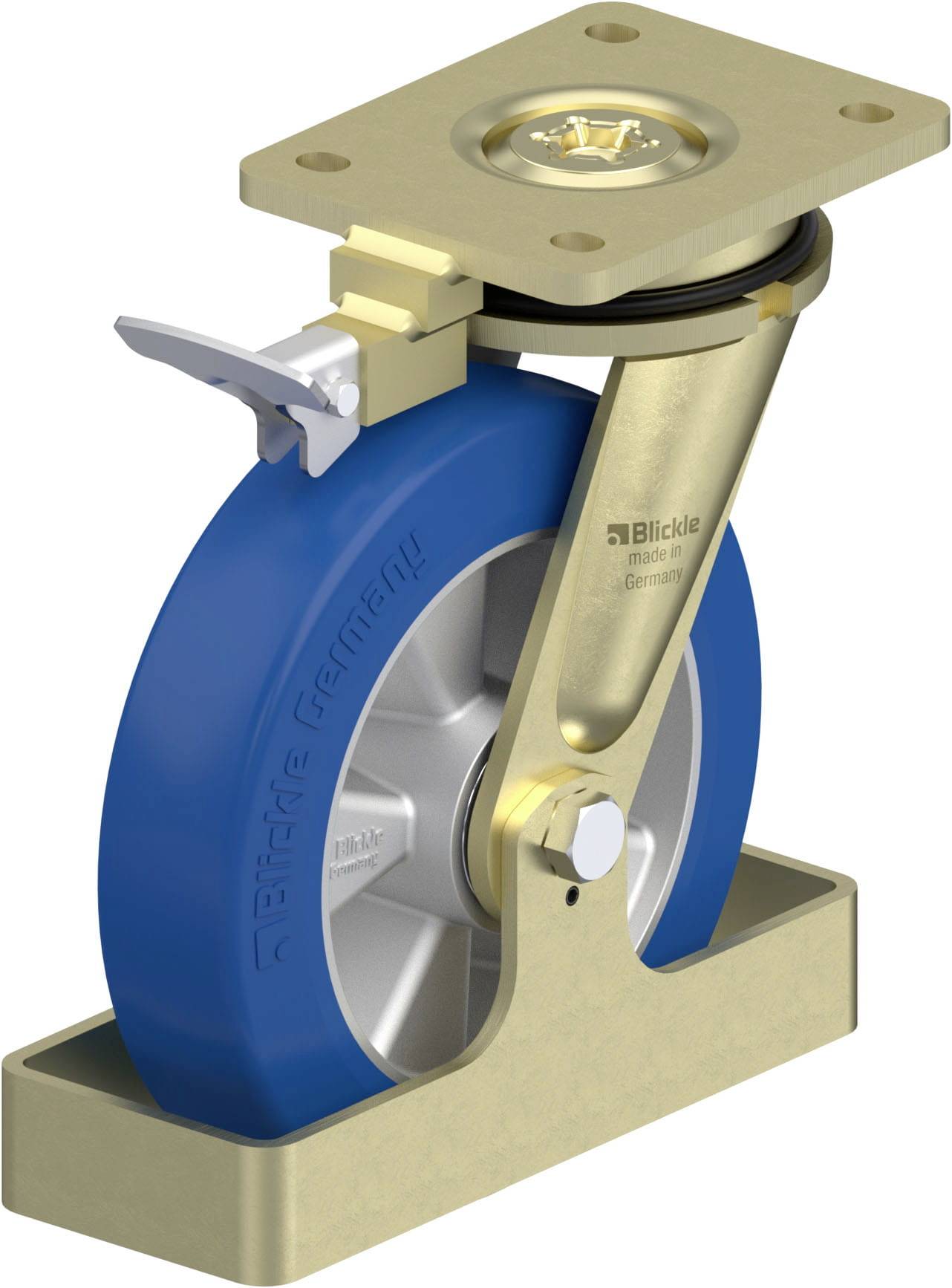 Industrie-Lenkrolle mit blauer Gummibereifung und goldener Halterung. Sie hat eine Stopperfunktion und ist robust konstruiert.