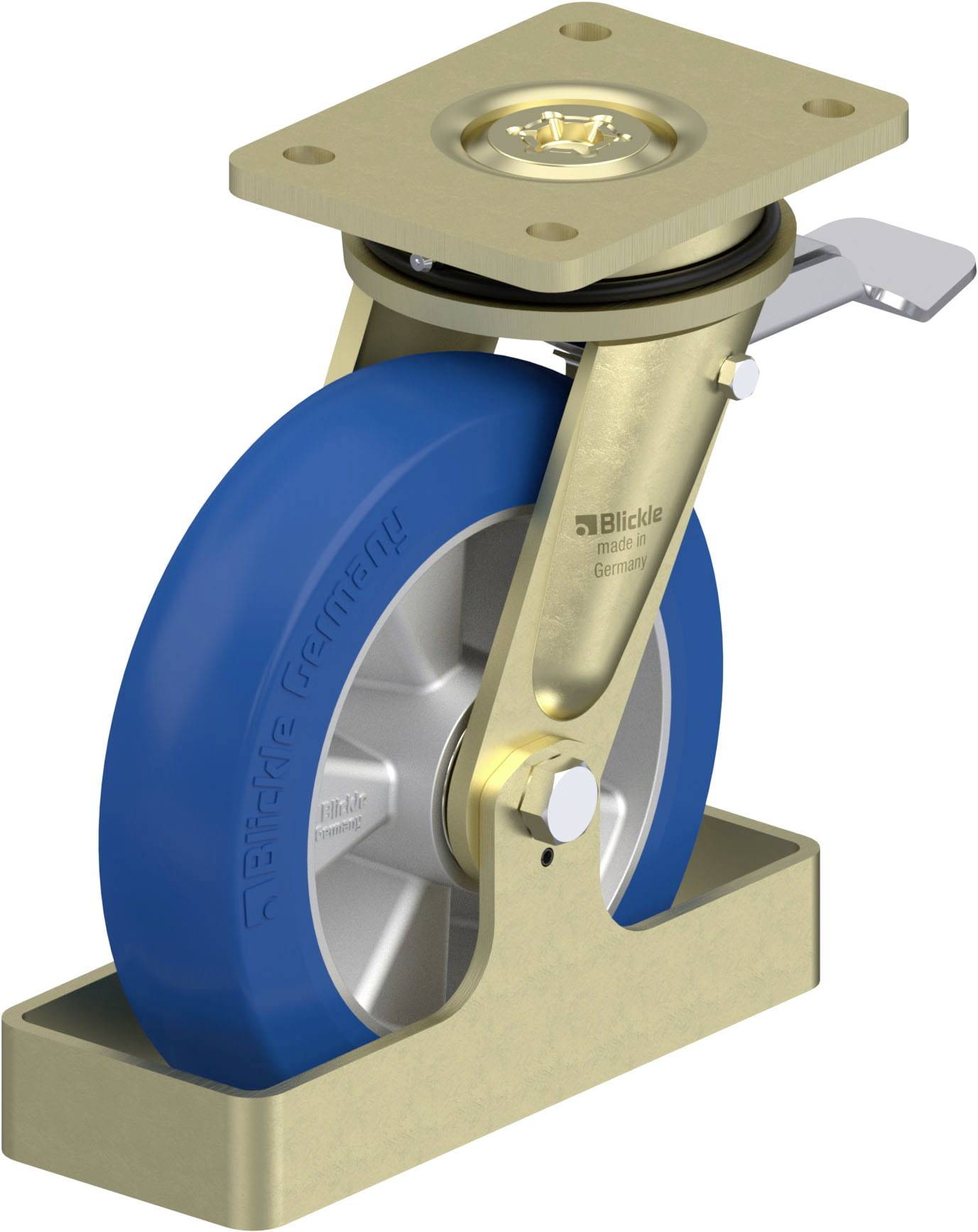 Industrie-Rolle mit blauem Rad und goldenem Gehäuse, inklusive Bremssystem. Geeignet für schwere Lasten, robust und langlebig. Made in Germany.