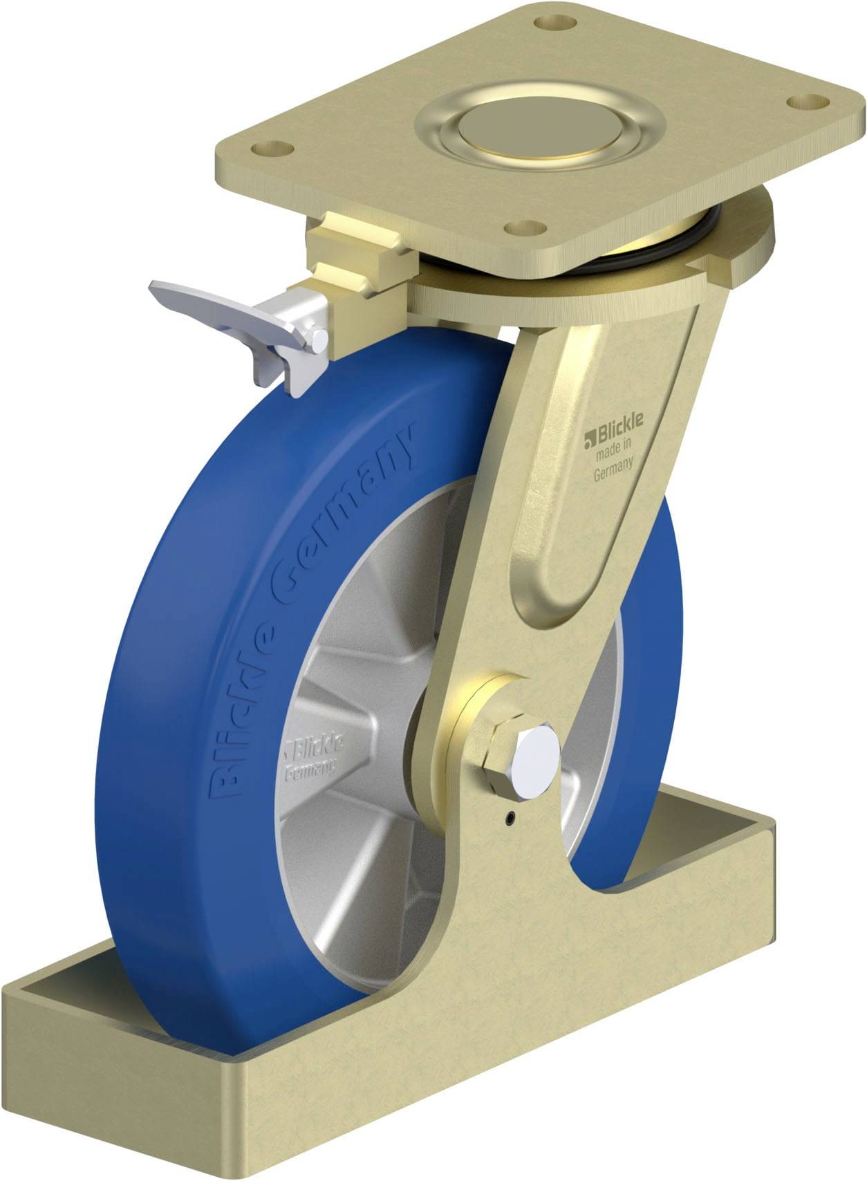 Schwenkrolle mit blauer Räderabdeckung und goldfarbenem Gehäuse, geeignet für schwere Lasten, wird von einem Hebel gesichert.